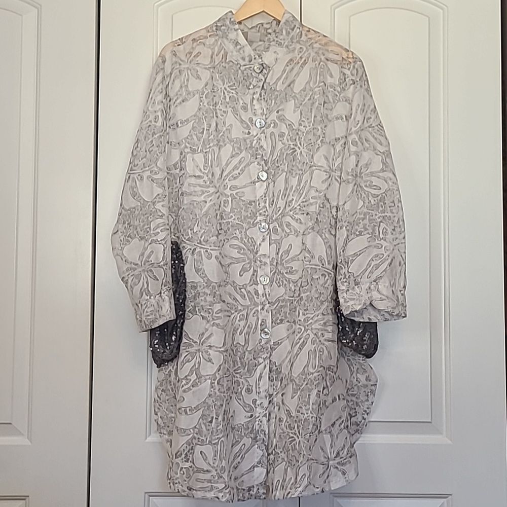 Y&S Fashion Designers By Moonlight White & Silver Linen Burnout Top Tunic Size L